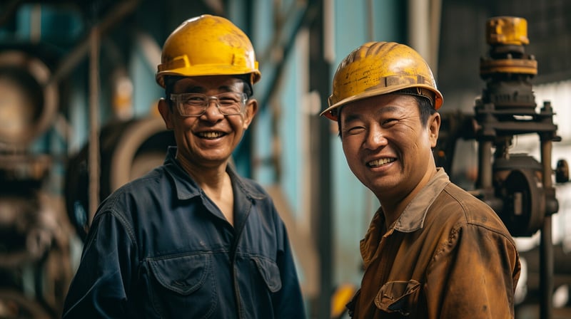 two factory workers inside a factory