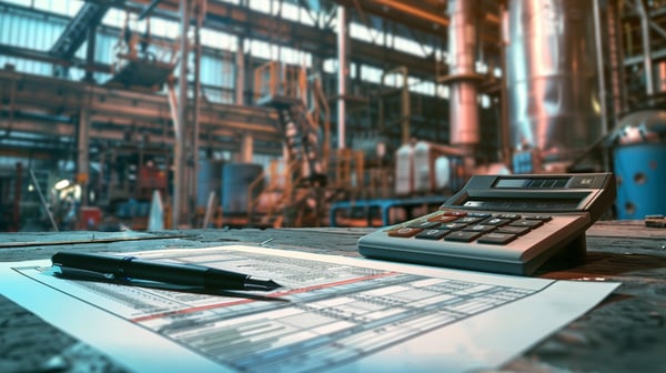 financial documents, calculator and pen, on a table inside a manufacturing factory floor