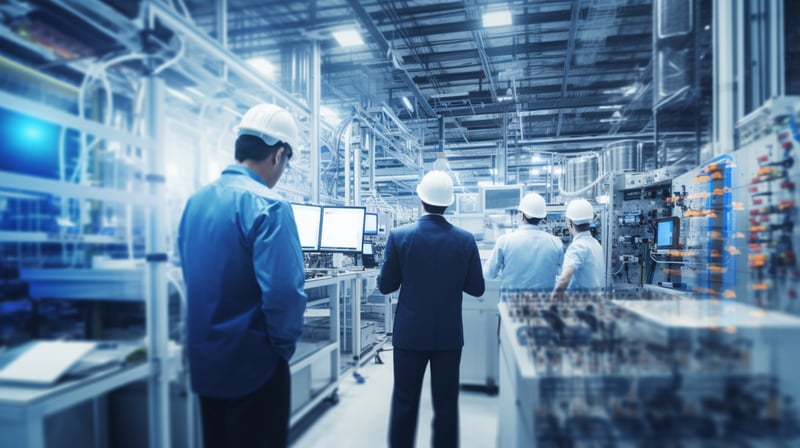 a group of four people in hard hats looking into a factory