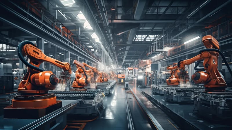 an inside of a factory where orange robot arms are in progress of factory work