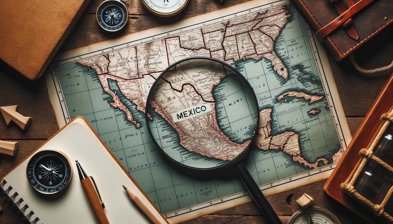 map of mexico with a magnifying glass focused on "mexico"