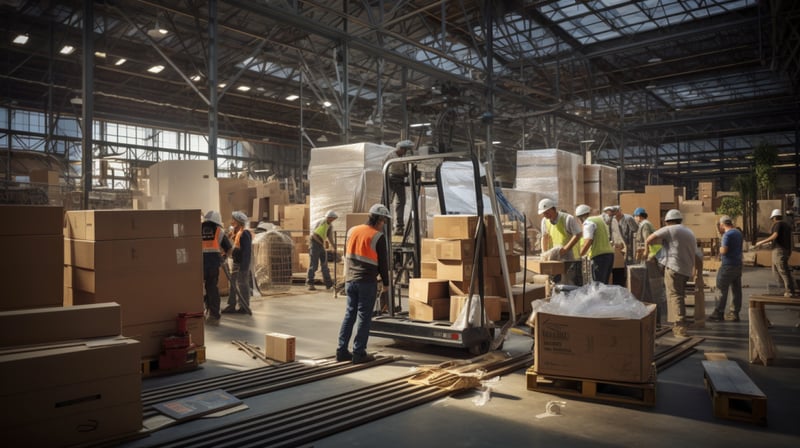 the interior of a factory with workers packing up boxes within the factory supply chain